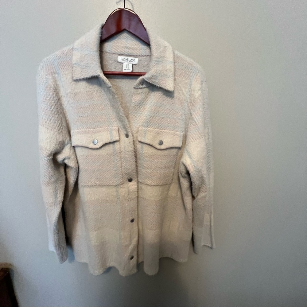 Rachel Zoe neutral plaid shirt jacket teddy soft warm  shacket snap front nwot - Picture 2 of 8
